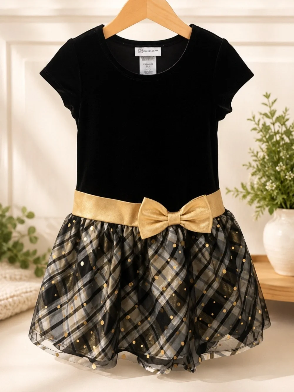Girls Black and Gold Tulle Party Dress with Bow ( Size 6 )